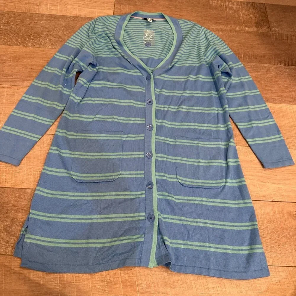 ISAAC MIZRAH LIVE GREEN AND BLUE LONG CARDIGAN SWEATER NEW WOMENS LARGE